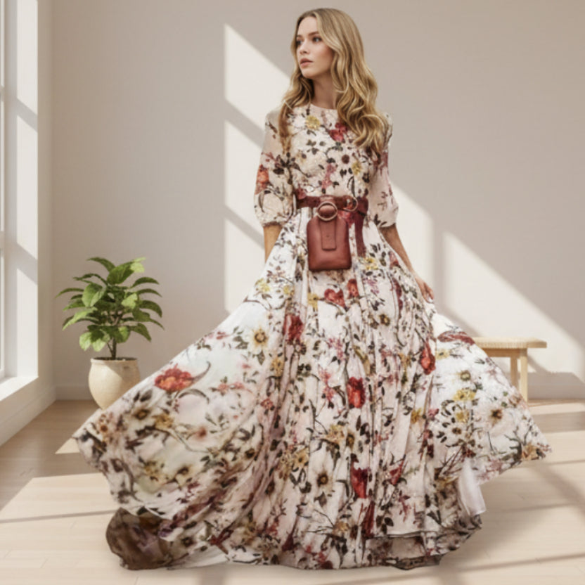 Rückansicht des floralen Maxikleids für Damen