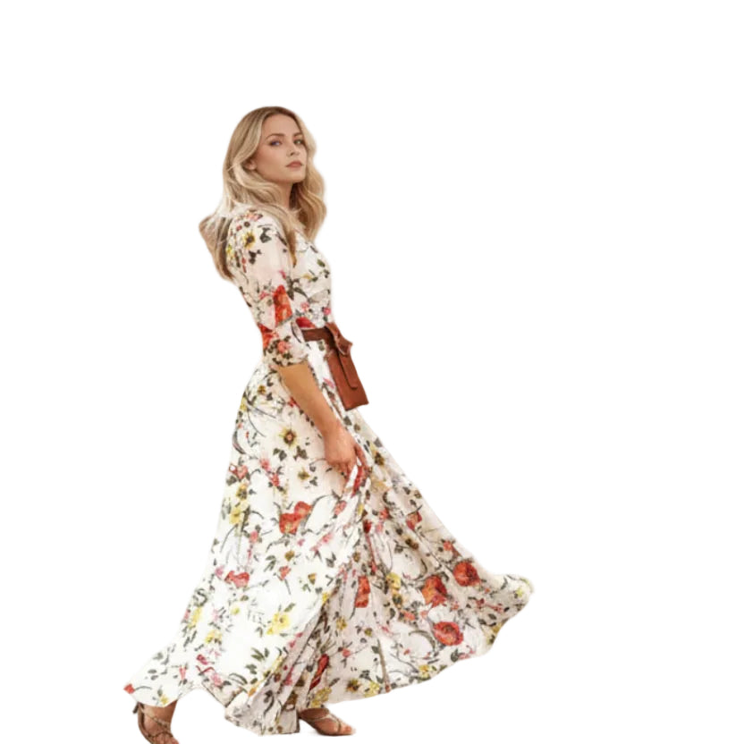 amen Blumen Maxi Kleid Vorderansicht im eleganten Prinzessinnen Stil