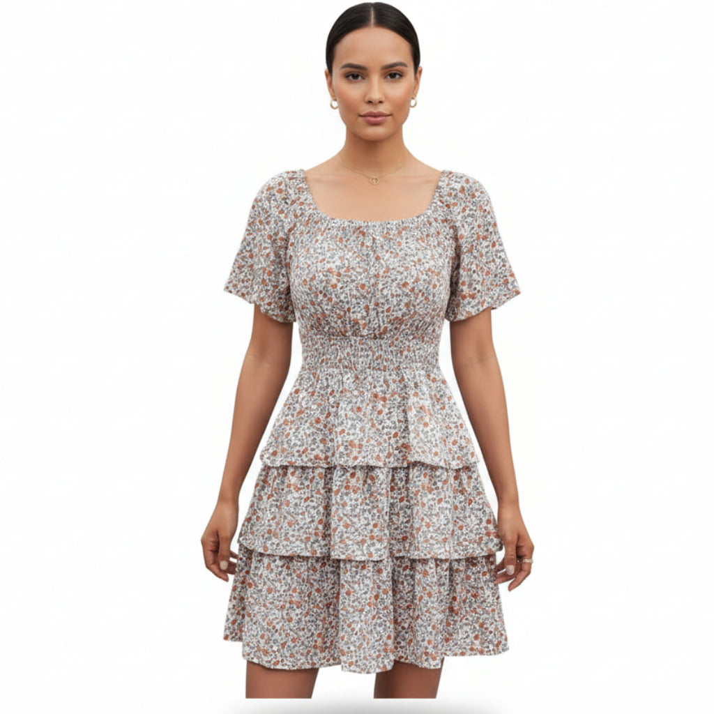 Damen Boho Sommer Minikleid Vorderansicht mit floralem Muster