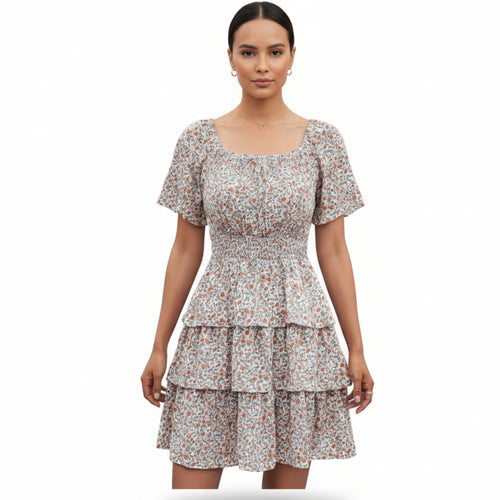 Damen Boho Sommer Minikleid Vorderansicht mit floralem Muster