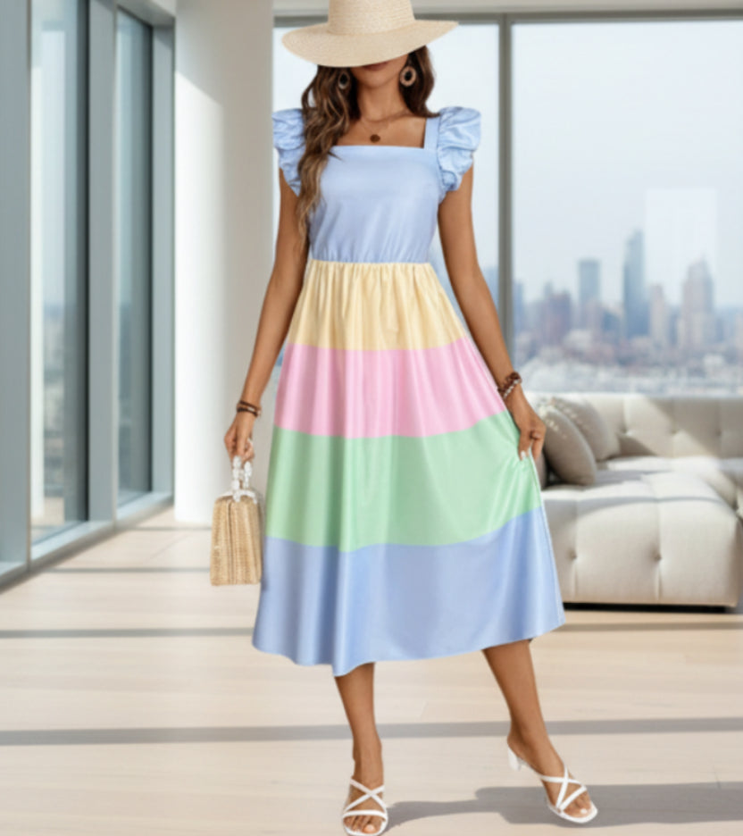 Damen Patchwork Midi Kleid Vorderansicht im geometrischen Stil