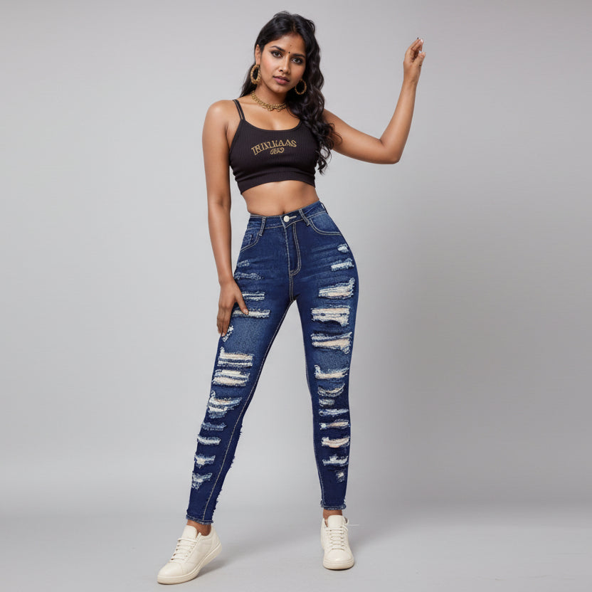 Damen Ripped Cropped Skinny Jeans Vorderansicht Slim Fit