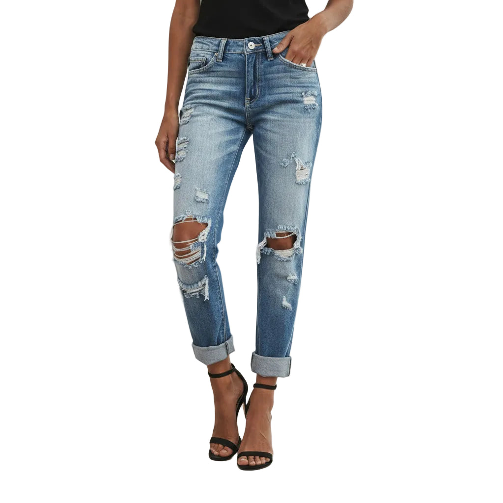 Damen Ripped Low Rise Skinny Jeans Vorderansicht im Destroyed Look