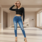Damen High Waist Skinny Jeans Vorderansicht im Destroyed Look
