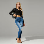 Damen High Waist Skinny Jeans Vorderansicht im Destroyed Look