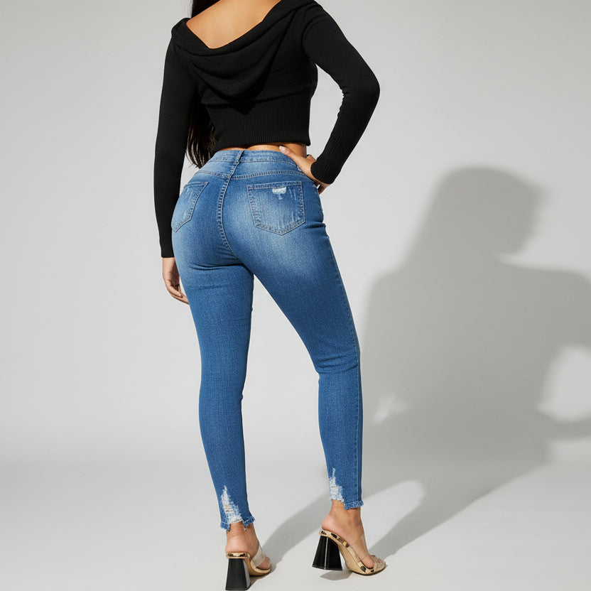 Damen High Waist Skinny Jeans Vorderansicht im Destroyed Look