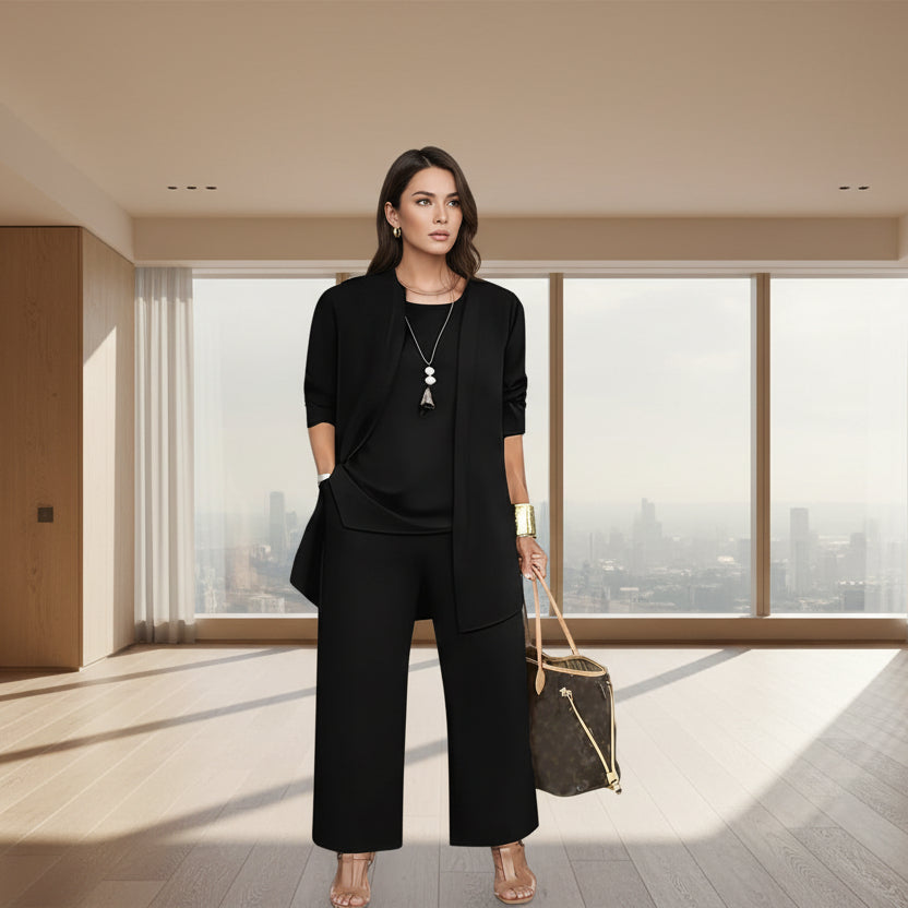 Damen elegantes Zweiteiler Set Vorderansicht mit Rundhals Oberteil