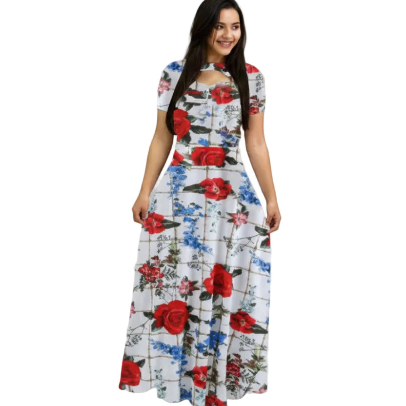 Damen Plus Size Boho Herbstkleid Vorderansicht mit fließendem Design